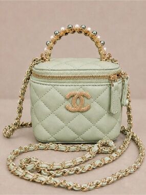 GWP CHANEL Mint Quilted Mini Vanity Bag with Pearl Top Handle